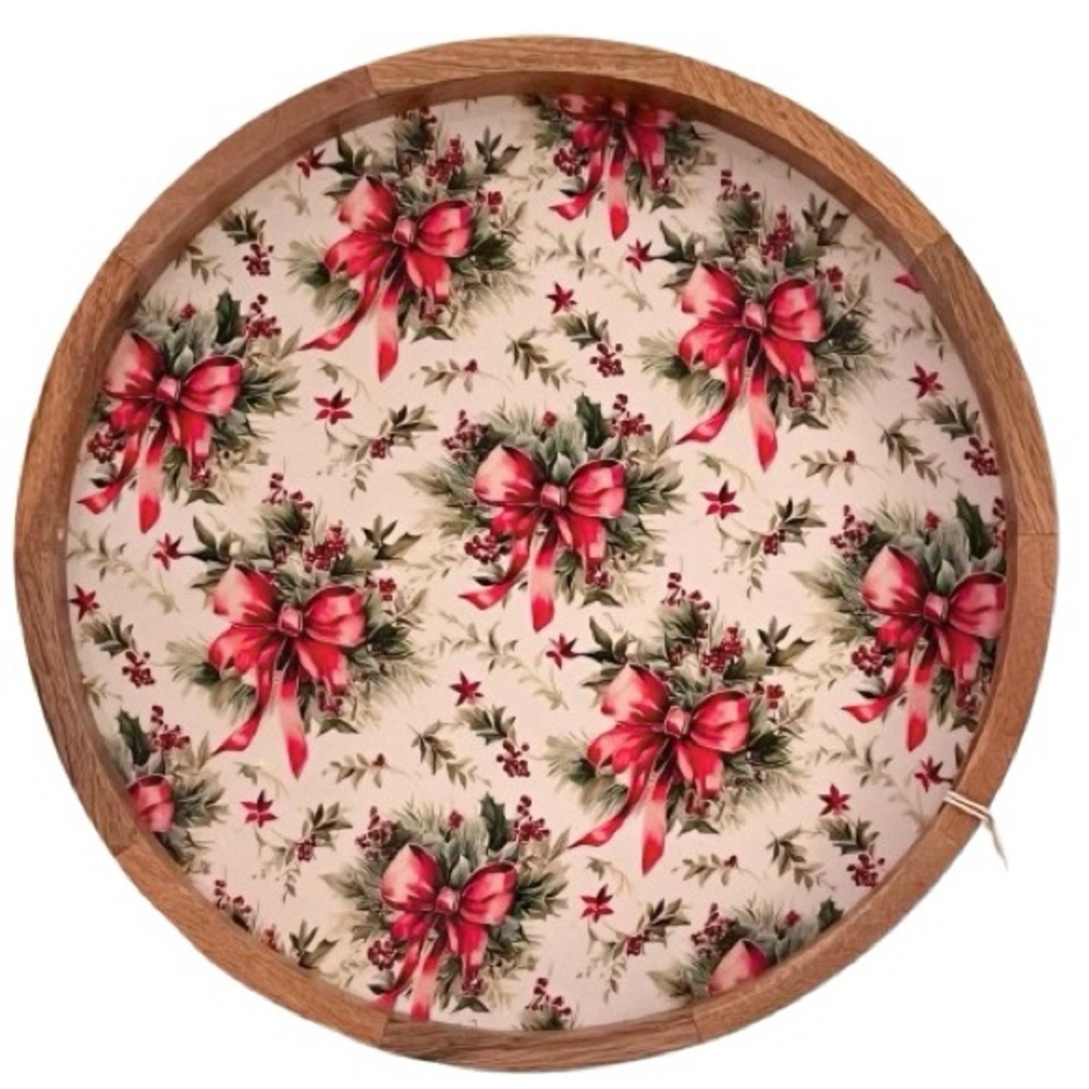 🆕- TikTok Viral Holiday Red Bow Wood
Serving Tray Set Rustic Christmas Décor NWT